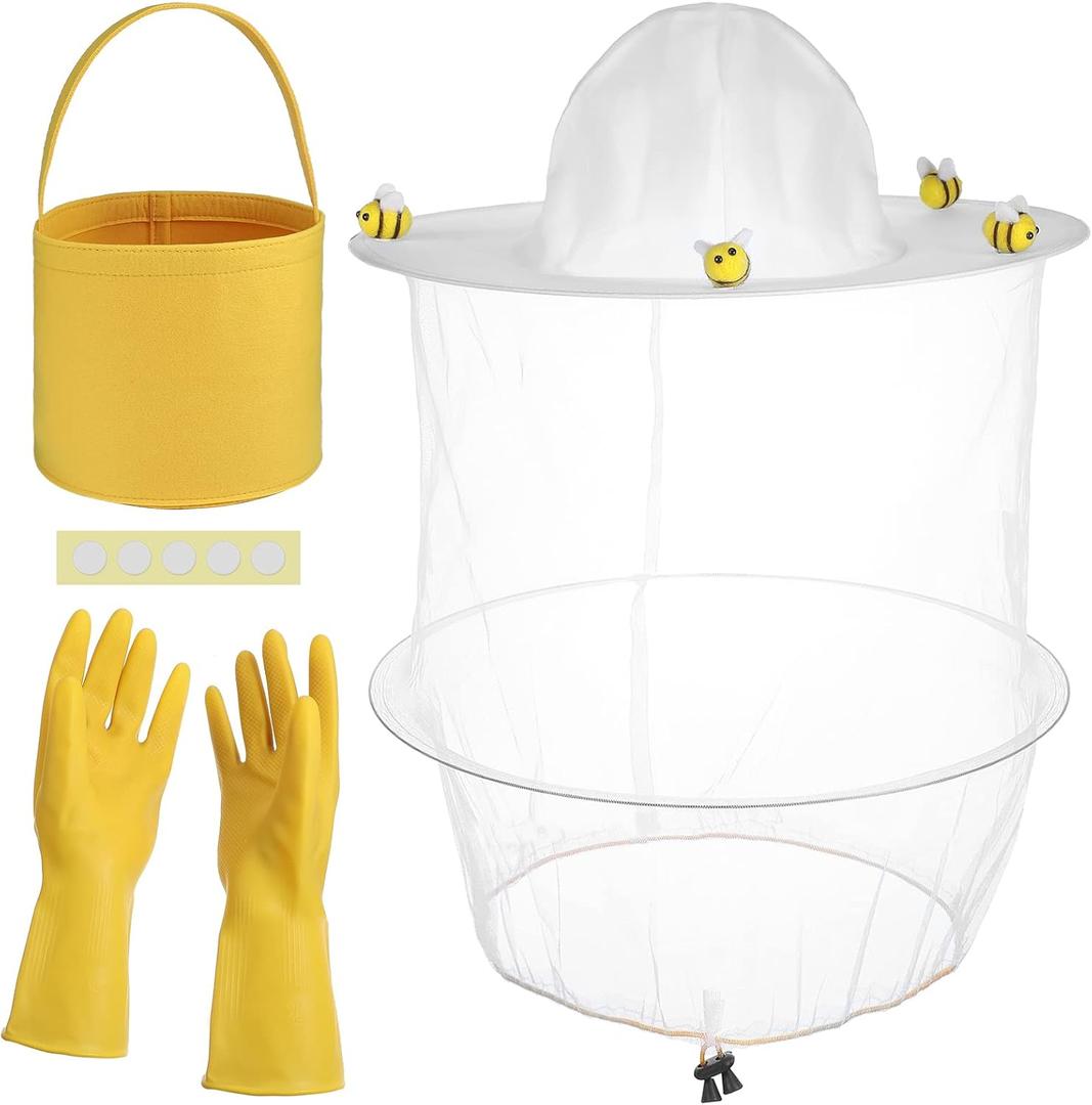 Jiuguva 13 Pcs Halloween Beekeeper Costume Set Includes Beekeeper Veil Hat 5 Pcs Wool Felt Bees 5 Pcs Round Double Sided Tape 1 Gloves 1 Pcs Yellow Felt Bucket for Bee Keeper Catcher Costumes Adult