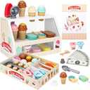 ZJEFUNS Wooden Ice Cream Toys for Kids Ice Cream Counter Shop for Toddlers Pretend Play Food Scoop and Serve with Scoop & Menu & Fake Money for Boys and Girls Ages 3 4 5 6. (Beige)