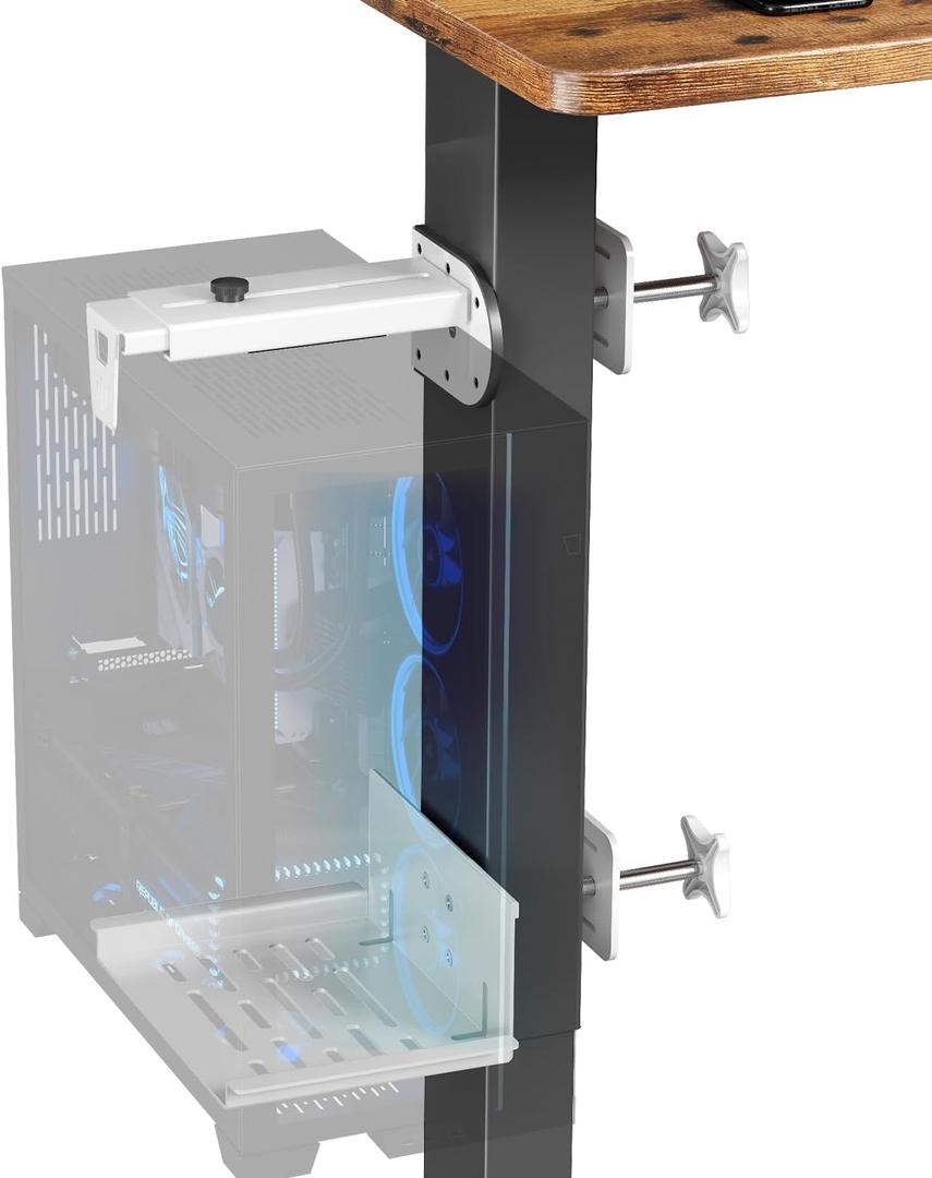 JOY worker Under Desk PC Mount for Standing Desk, Clamp-On Desk Leg Computer Mount, No Drilling, Adjustable Computer Case CPU Holder Holds Up to 44lbs, White PC Tower Mount