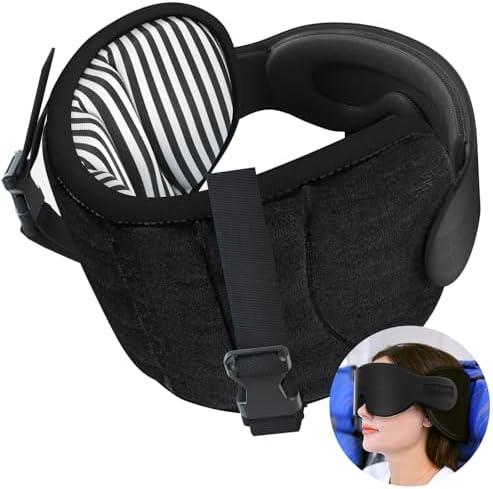 SARISUN Travel Pillows for Airplanes, Airplane Pillow for Long Flight Car Road Trip, Airplane Head Strap with Sleep Eye Mask, 360° Support Headrest, Stop Bobblehead Travel Neck Pillow, Stripe Black