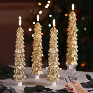Eywamage Gold Christmas Tree Candles with Remote, Real Wax Flickering Flameless LED Taper Candles Set of 4