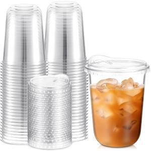 Baderke 50 Pcs Round Bottom Plastic Cups with Sip Lids Clear Disposable Iced Coffee Cups for Smoothie Cold Beverage Coffee Shops and Party Catering (16 oz,Clear)