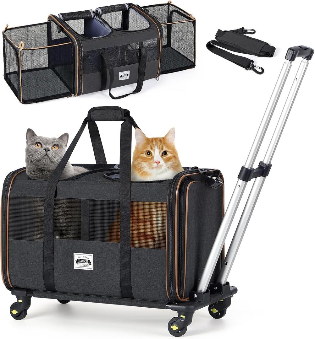Lekereise Cat Dog Carrier with Wheels for 2 Cats, Expandable Double Cat Carrier with Wheels, Large Rolling Pet Carrier, Wheeled Pet Carrier with Telescopic Handle, Black