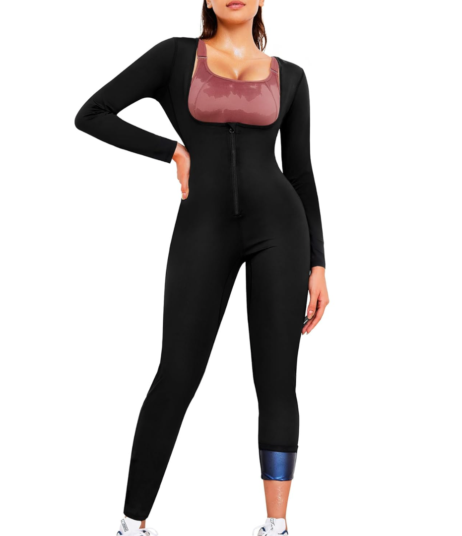 Junlan Full Body Sauna Suit for Women Sweat Jumpsuit Waist Trainers for Women Belly Fat Workout Sweat Suit L