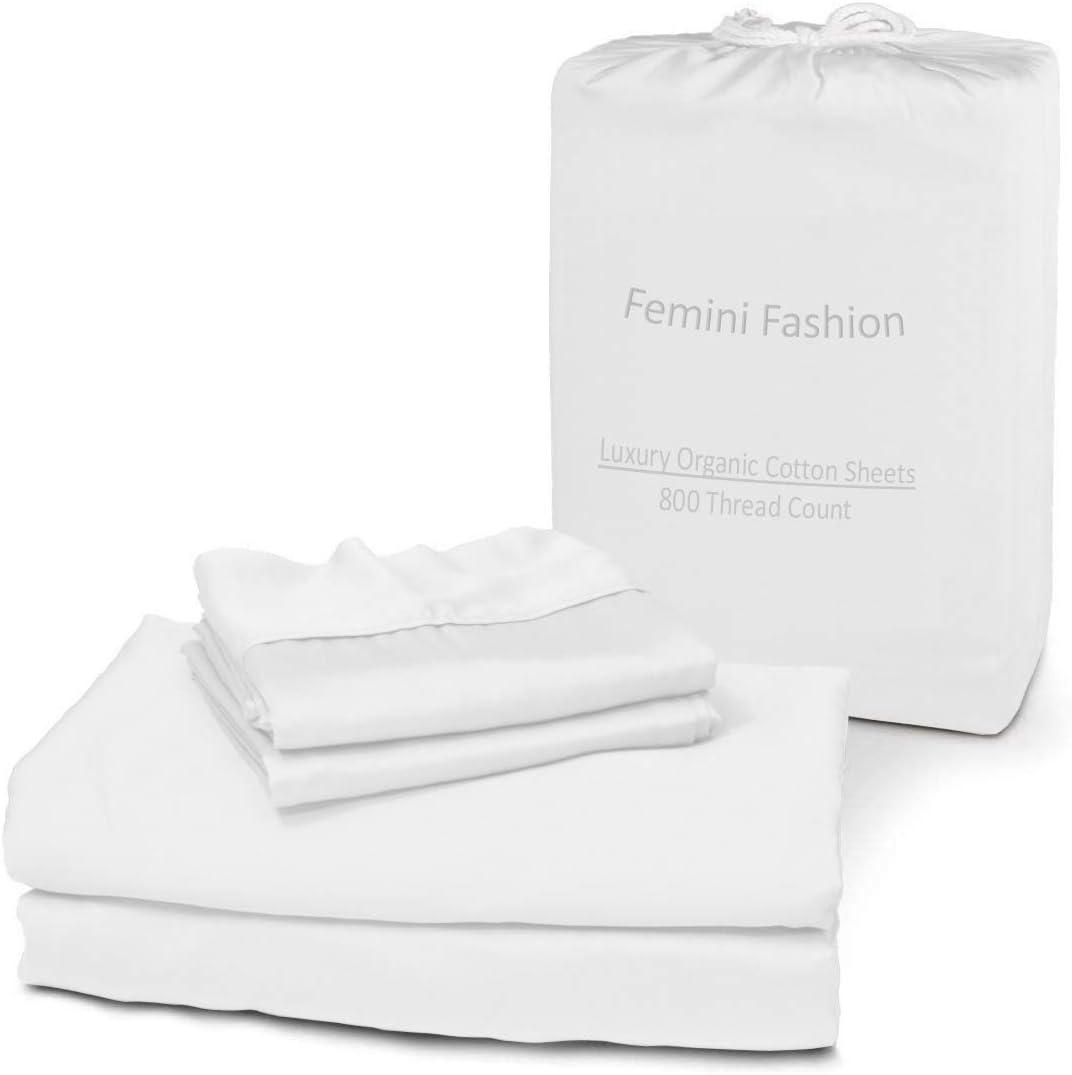 Femini Fashion 100% Organic Cotton Bed Sheets Certified 800-Thread-Count, 24-Inch Deep-Pocket, Crisp 4-Piece Bed Sheet Set (1 Flat Sheet, 1 Fitted Sheet, 2 Pillowcases) - Queen, White