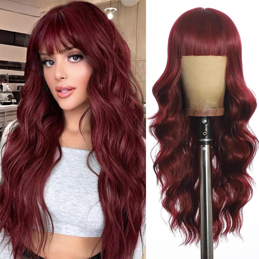 Wine Red Wigs with Bangs for Women Long Wine red Wavy Wigs 26IN Natural Synthetic Wig for Daily Party Use(Wine Red)
