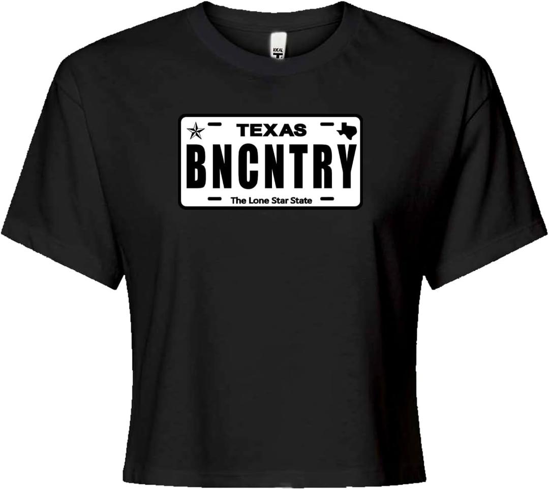 Texas License Plate BNCNTRY Womens Cropped T-Shirt, Soft Cotton Blend, Crop Top (Black, XS)
