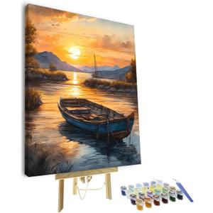 DIY Paint by Numbers, Fishing Boat Adults' Paint-by-Number Kits on Canvas, Sunset Beach Paint by Numbers Kit for Adults and Beginner, 16X20 Inch Framed Adult Paint by Numbers