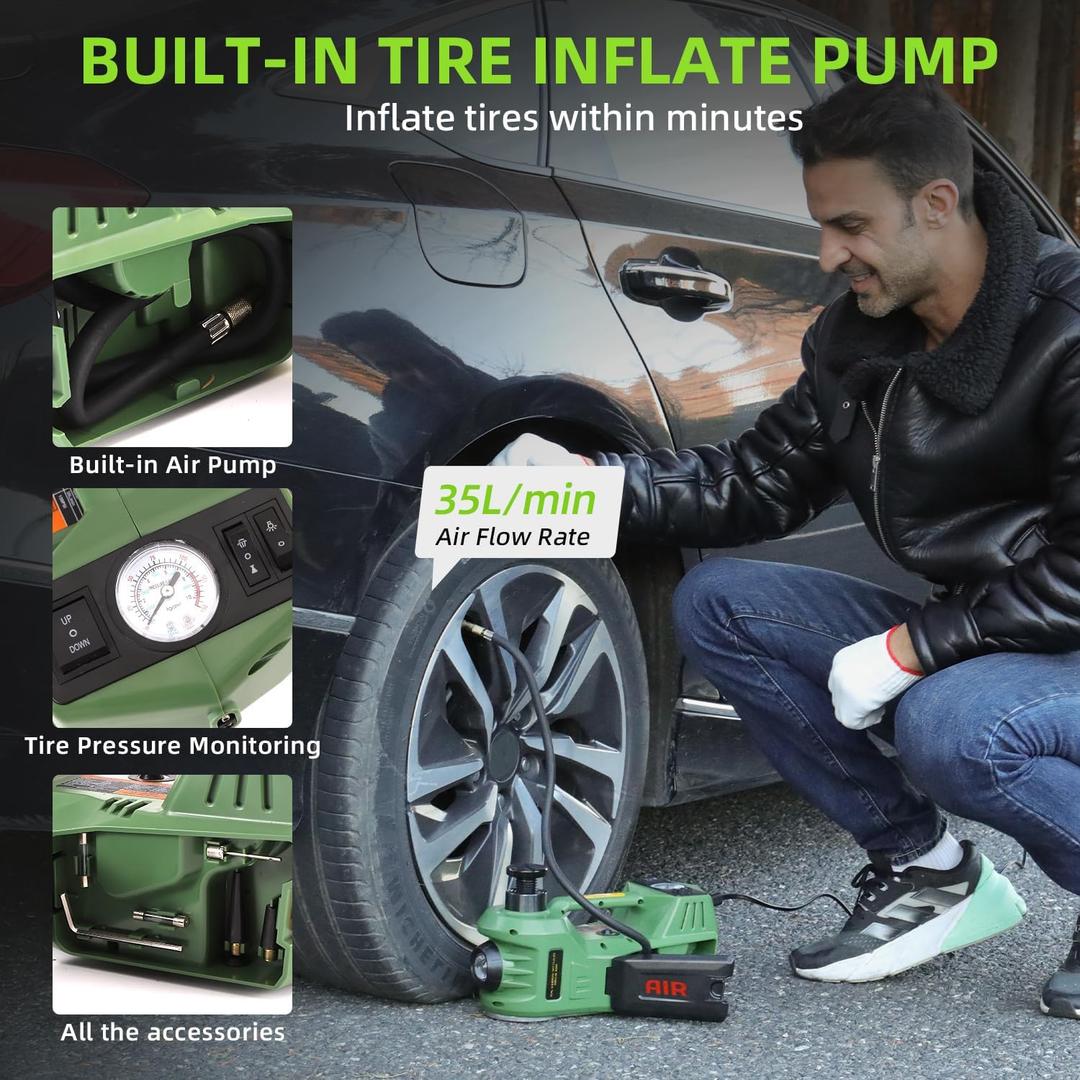 EFFIROSO 12V Electric Car Jack Kit 5 Ton/11000lbs Hydraulic Floor Jack (6.1-17.7") with Impact Wrench & Tire Inflator Pump, Portable SUV Sedan Truck Lift Set for Emergency Tire Change & Repair