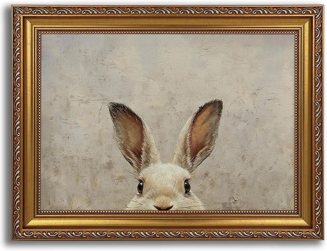 Vintage Gold Framed Easter Bunny Wall Art - Rustic Neutral Rabbit Canvas Prints, Framed Cottagecore Picture Wall Decor for Kids Room, Living Room, Bedroom, Easter Dcor-9x11 inch