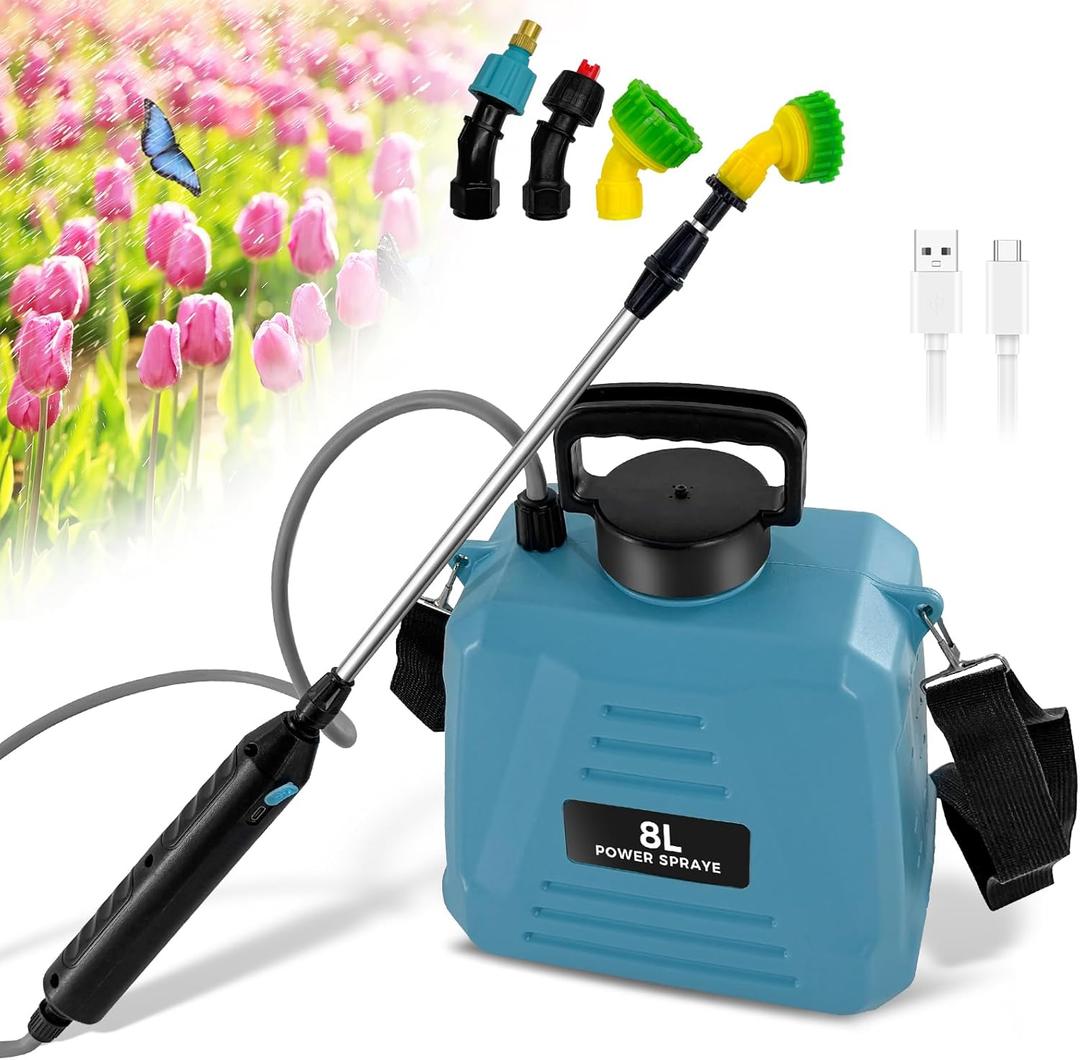 1 Gallon/5L Electric Sprayer, Powerful Electric Garden Sprayer with 3 Mist Nozzles, Rechargeable Handle, Adjustable Shoulder Strap for Lawn, Garden, Cleaning (Blue 2.11 Gallon)