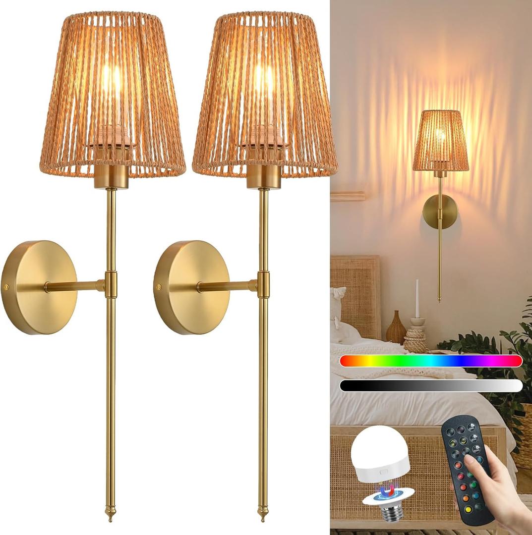 Battery Operated Wall sconces Set of Two,Rattan Shade Black with Remote Rechargeable Light Bulbs,dimmable RGB,Living Room, Bedroom, Hallway, Bathroom (Gold)