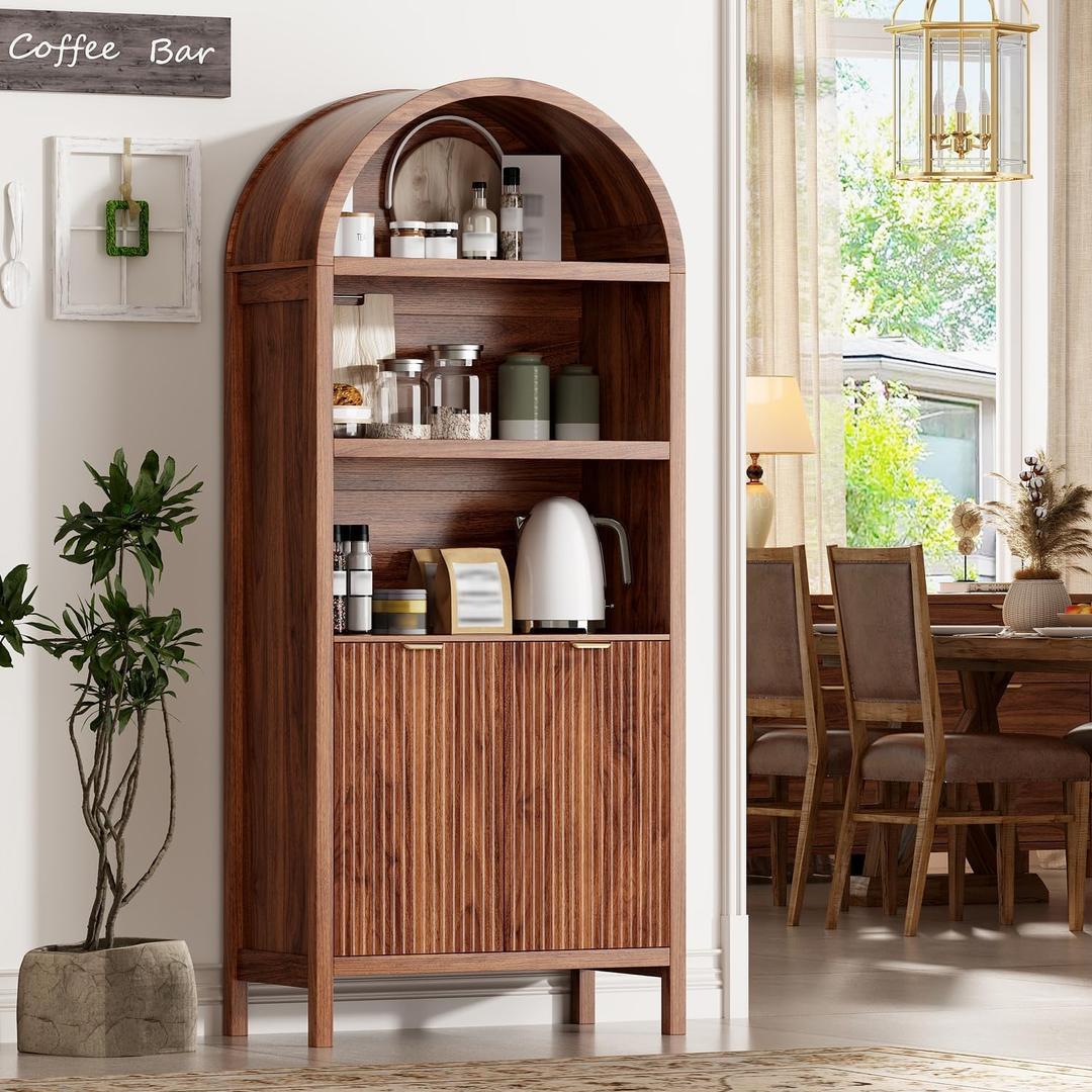 71" Tall Arched Kitchen Pantry, Modern Fluted Wood Storage Cabinet with Doors, Adjustable Shelves, Organizer, Versatile Cupboard for Kitchen, Living Room, Dining Room, Bathroom, Walnut