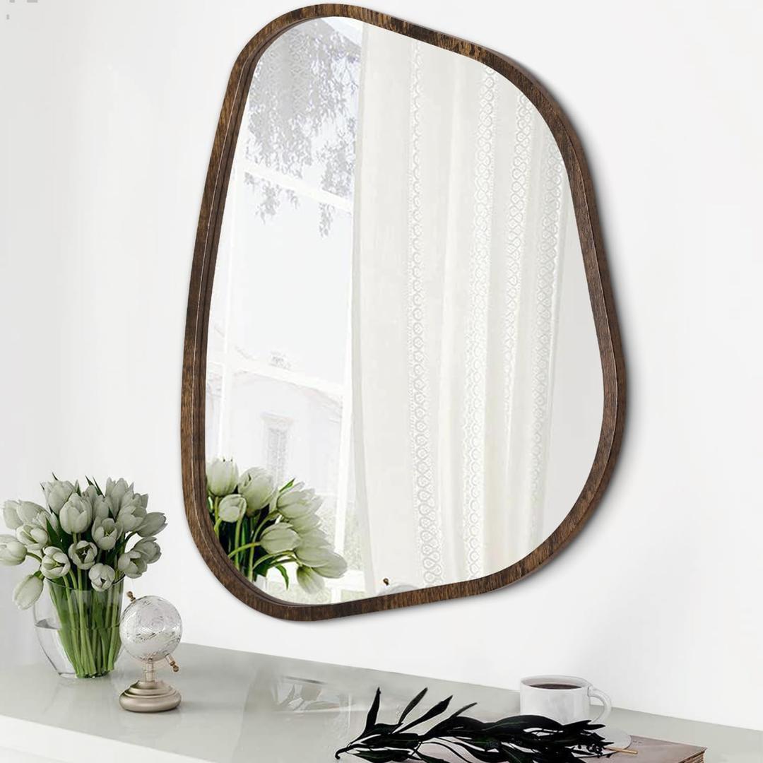Asymmetrical Accent Mirror for Wall Irregular Oval Wood Frame Modern Unique Wall Mirror Decorative Boho Vanity Bathroom Living Room Bedroom Entryway Hallway Artistic Wavy Mirror Large 26"x18" (Light Tan)
