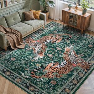 Moynesa Leopard Washable Rugs, 8x10 Area Rugs for Living Room, Soft Large Jaguar 8x10 Bedroom Rug, Non Slip Ultra Thin Floor Carpet for Dining Room Home Office, Green