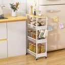 Slim Rolling Storage Cart, 4 Tier Metal Narrow Utility Cart with Handle and Wood Top, Multifunctional Small Mobile Shelf Unit Organizer Trolley for Laundry, Bathroom, Kitchen White