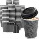 Lamosi 500 Pack - 12 oz Insulated Disposable Coffee Cups with Lids, To Go Paper Coffee Cups with Lids, Corrugated Ripple Wall Cup for Hot Drink Office Coffee Bar (Grey)