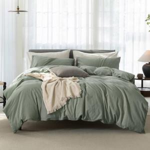 Super King Plus Cooling Duvet Cover Set - 3 Pieces 100% Cotton Bedding, Breathable, Crisp Linen-Like Texture, Naturally Soft & Gets BetterHidden Zipper & Corner Ties  Green, 120"x120" (Green (No Comforter))