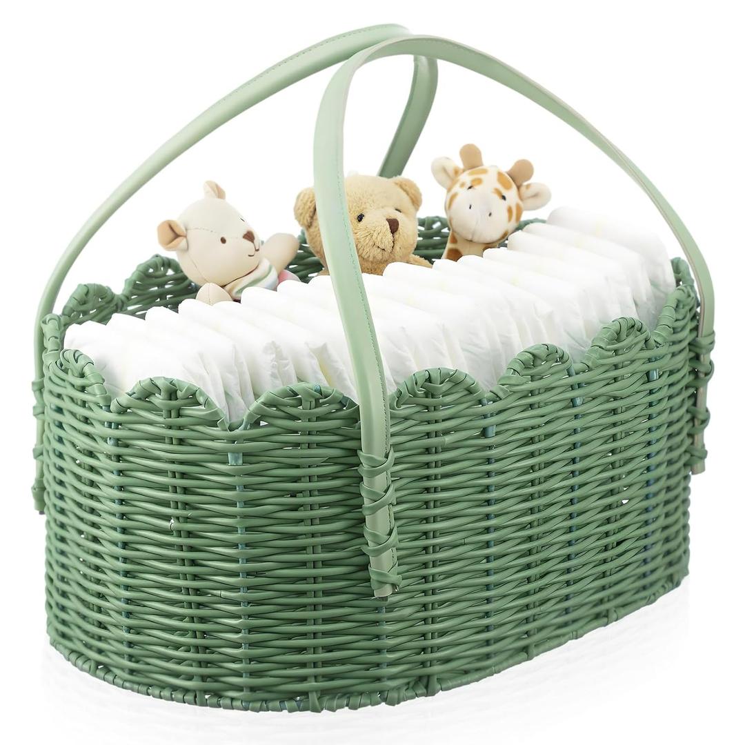 Premium PE Rattan Diaper Caddy Organizer with Handles, Easy-clean PE Wicker Storage Basket, Sage Green Nursery Organizer for Baby Essentials & Baby Shower Gifts