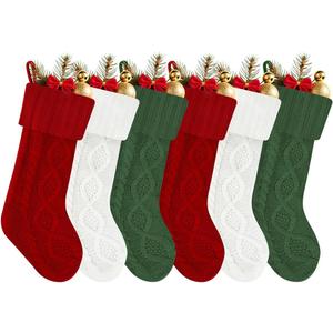 Christmas Stockings Set of 6, 20 Inch Large Cable Knitted Stocking, Personalized Hanging Monogram Christmas Stockings Gifts for Kids,XmasTree,Family Party Decoration,Burgundy, Lvory, Green