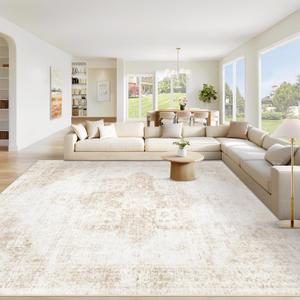 Area Rug 9x12 Washable Rug, Vintage Boho Medallion Rugs Non-Slip Soft Low Pile Large Distressed Rug Indoor Retro Carpet for Living Room Bedroom Dining Room Home Office (Beige, 9'x12')