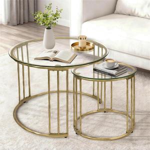 BEGINS Nesting Coffee Table Set of 2, 23.6" Round Coffee Table, Hand Forged Vintage Gold Center Table, Accent Table with Glass Top for Living Room, Bedroom, Balcony, Round, 23.6-inch diameter, 17.7-inch height