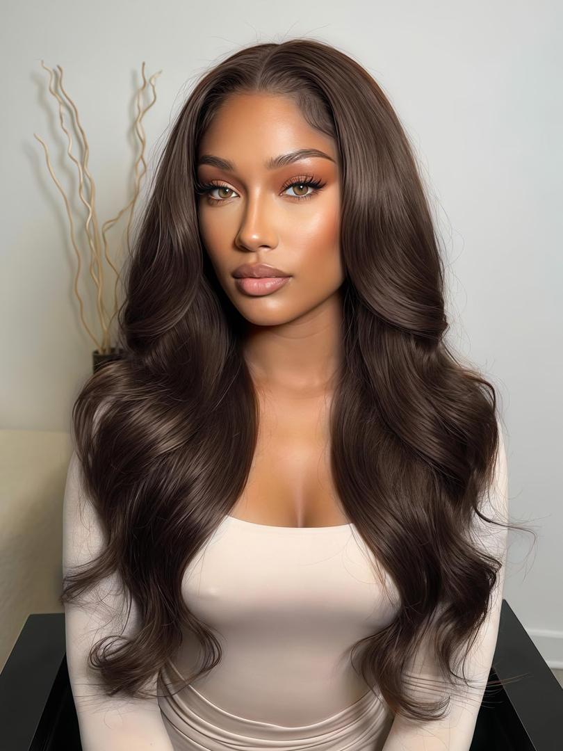 Dark Brown Synthetic Lace Front Wigs for Women HD 4x6 Lace Front Wig Glueless Pre Plucked 24 Inch Long Layered Wavy Wig with Natural Hairline for Beginners