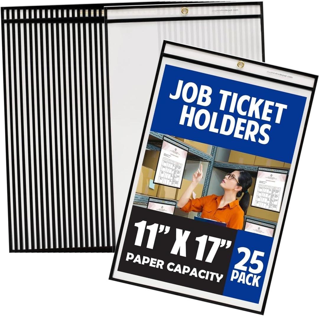 Office Werks Stitched Job Ticket Holder 11 x 17 Inch, Clear Work Order Plastic Sleeves Holder, Document Print Holders, Perfect for Attaching to Machinery, File Cabinets, Racking & Hanging, Pack of 25