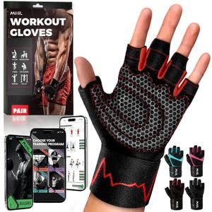 MhIL Workout Gloves for Men  Comfortable Gym Gloves for Men with Enhanced Grip for Safety and Hand Protection  Weight Lifting Protection with Wrist Wraps Support for Performance Boost and Style (Large: 8.1  8.6 / 20.6  22 cm, Red)