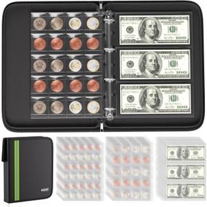 ENGPOW Coin Dollar Bill Holder,Fireproof 336 Pockets Coin Collection Supplies Case Album Money Holders,Coin Storage Protectors Binder with Zipper for Coins(17/20/25/27/30/33/38/40mm) Bill Stamp Black