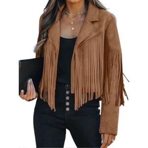 Faux Suede Leather Jackets For Women Trendy Fall Western Fringe Cropped Jacket 2025 Tassel Motorcycle Crop Coats (Large, Tan)