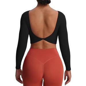 Aoxjox Long Sleeve Crop Tops for Women Emma Twist Back Workout Cropped T Shirt Top, Black, Size: L