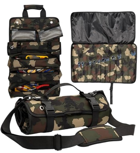 VentureReady Gear Roll Up Heavy Duty Tool Bag 900D Canvas & 1680D Straps - Detachable Wrench Roll + Mesh Pockets - For Overlanding, Camping, Vanlife, Road Trips, Offroading (Camo)