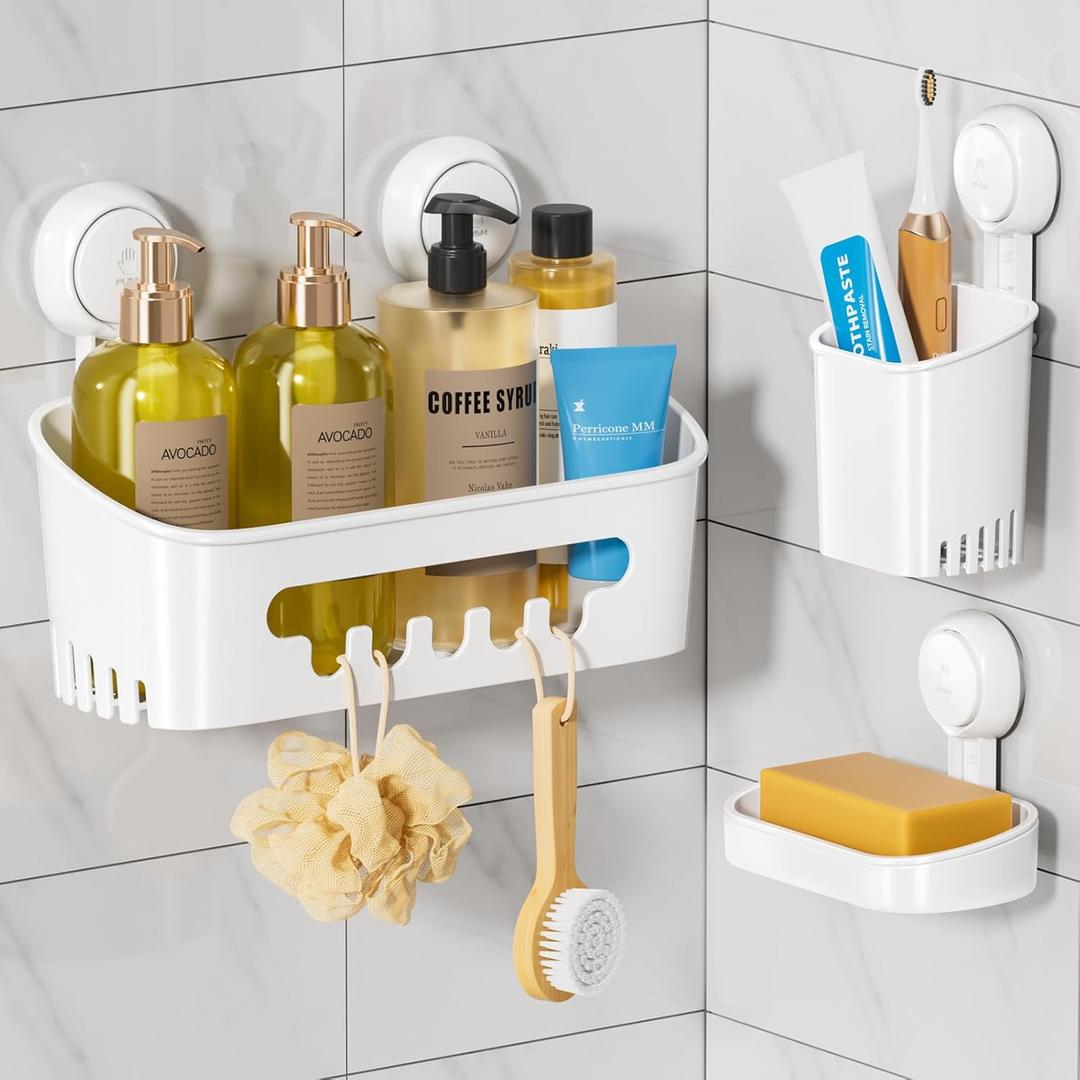 LEVERLOC Shower Caddy Suction Cup Set Shower Organizer & Soap Holder & Toothbrush Holder, Bathroom Shelf Basket NO-Drilling, Removable Suction Storage Waterproof Bathroom Caddy, White | Shower Organizer, Soap Holder, Toothbrush Holder, Removable Suction, Storage, Waterproof
