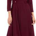 London Times Women's Dresses Crepe Fit and Flare Midi with Waist Button Detail, Arresting Burgundy, 10