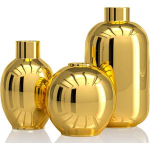 Glossy Gold Ceramic Flower Vase Set of 3, Gold Modern Round Decorative Vases for Pampas Grass Home Decor, Bedroom, Office, Living Room, Bookshelf, Wedding, Bathroom Table Centerpiece