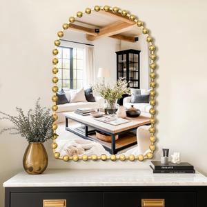 Arched Wall Mirror with Metal Beaded Frame, 24"x36" Antique Gold Decorative Wall Mirror for Bathroom, Bedroom, Living Room, Entryway
