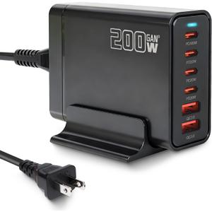 200W USB C Charger, GaN  PD 100W 6-Port Charging Station for Multiple Devices, Portable Laptop Fast Charging, Adapter for iPad iPhone 17 16 15 14 13 12, MacBook Pro Galaxy, 5ft Cord