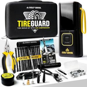 EVERLIT All-in-One Tire Repair Kit with Air Compressor – 150 PSI Portable Cordless Tire Inflator & Plug Kit – Flat Tire Emergency Roadside Kit for Car, SUV, Truck & Motorcycle Fast Repair & Inflation