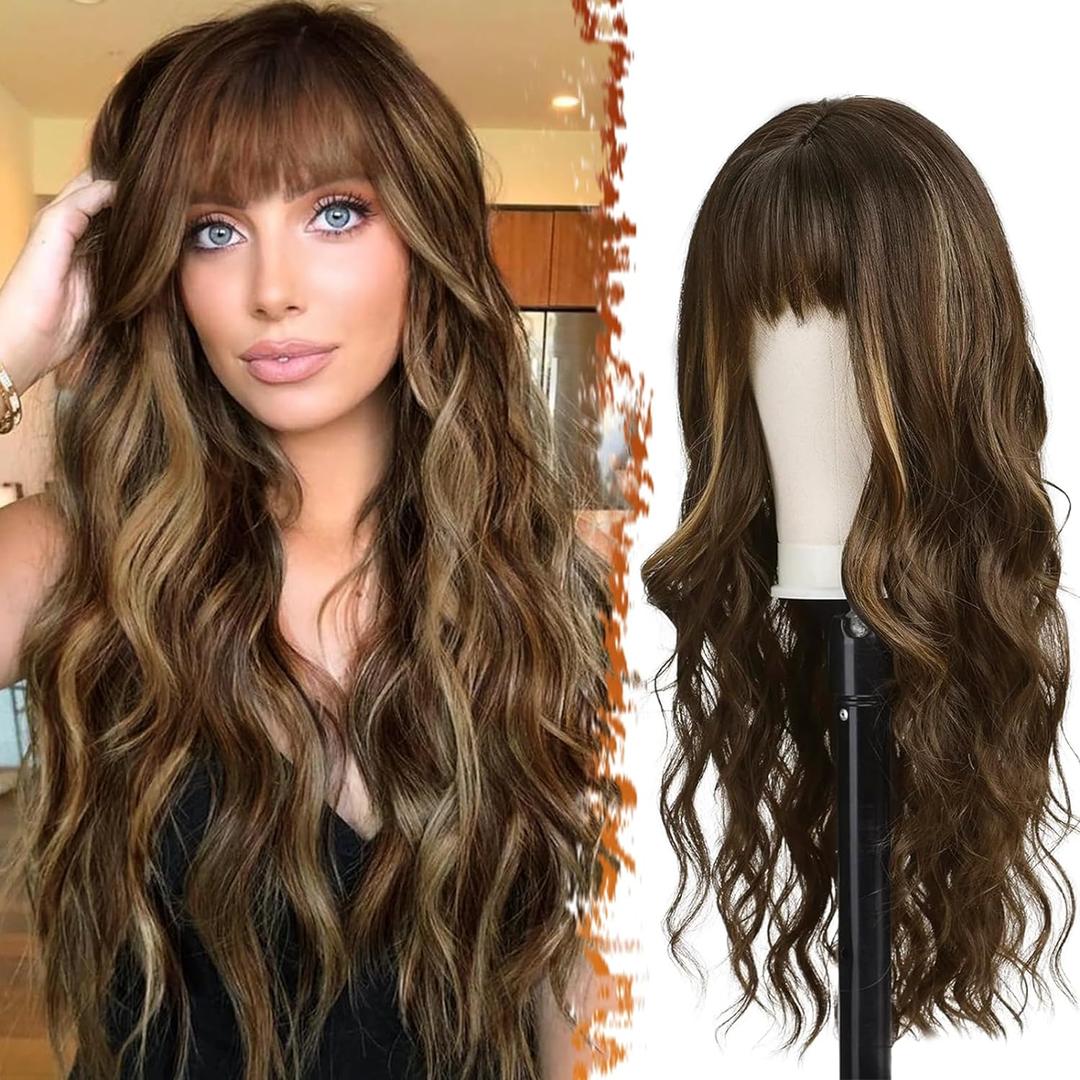 BARSDAR Long Wavy Highlight Wig With Bangs - 26 Inch Long Wavy Brown Mix Blonde Wig with Bangs for Women, Synthetic Balayage Hair Replacement Wigs Natural Looking Daily Cosplay Party Halloween