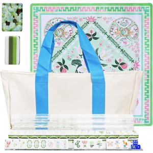 American Mahjong Game Set, Acrylic Mahjong Set with Green Floral Themed, 2 Carrying Bags, 4 Acrylic Racks with Pushers, Silent Mat & 3 Dice – Portable American Mahjong Set for Adults, Game & Travel