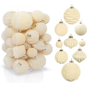 42PCS White Velvet Christmas Ball Ornaments, Flocked Vintage Rustic Farmhouse Baubles in Assorted Sizes for Xmas Tree Decorations, Hanging Ornaments for Home, Party & Wedding Dcor (Creamy White)