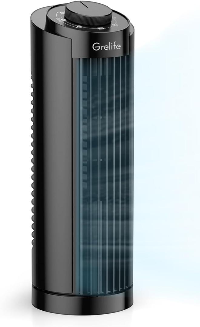 Grelife 13 Inch Tower Fan with Remote Controls, 3 Speed Settings, 90° Oscillation, 7.5 Timer, Ultra Quiet (25dB), Bladeless Design, Space-Saving for Bedroom, Office, Home, Dorm - Black
