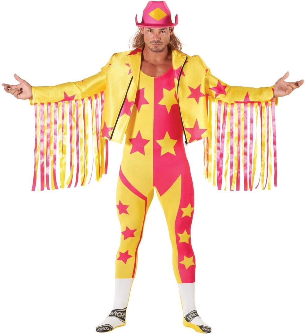 Morph Yellow Macho Man Randy Savage Costume, WWE Wrestler Outfit for Adults, Macho Man Dress-Up, Fun Party Attire, X-Large