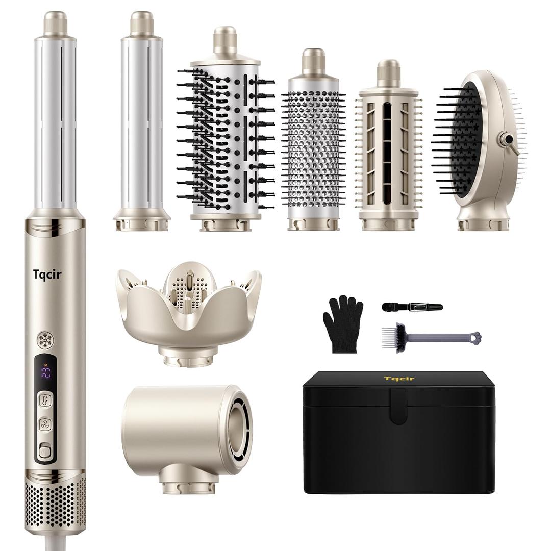 Tqcir 8-in-1 Professional Hot Air Styler&Hair Dryer Brush, Powerful Multi-Styler with Auto-Wrap Curler with Storage Case, Fast Drying Curling Straightening Volumizing Without Heat Damage(Gold)