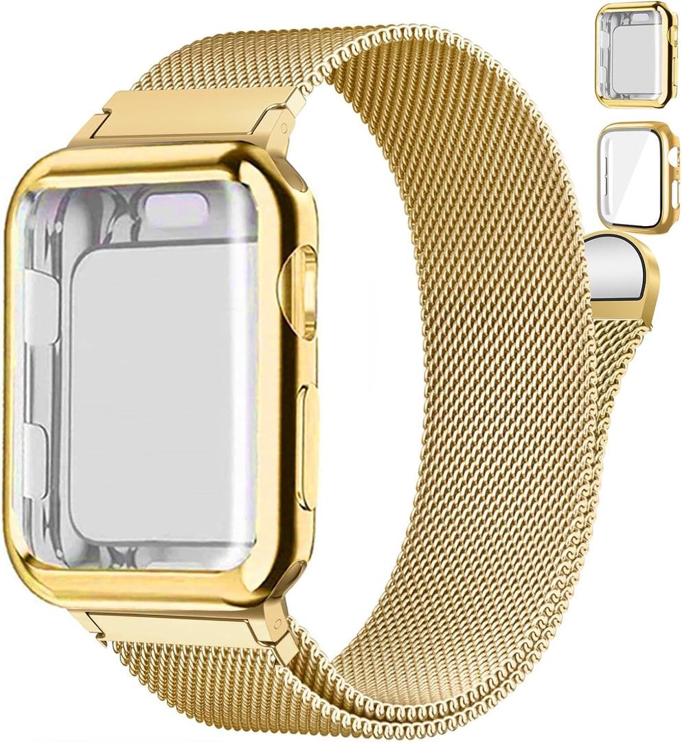Magnetic Band and Case for Apple Watch Band Size: 38mm- series 3 2 1 Women/Men,Stainless Steel Milanese Loop Bracelet Strap with Cover Combo iWatch series 11 10 9 8 7 6 5 4 SE Ultra/2 3 49mm