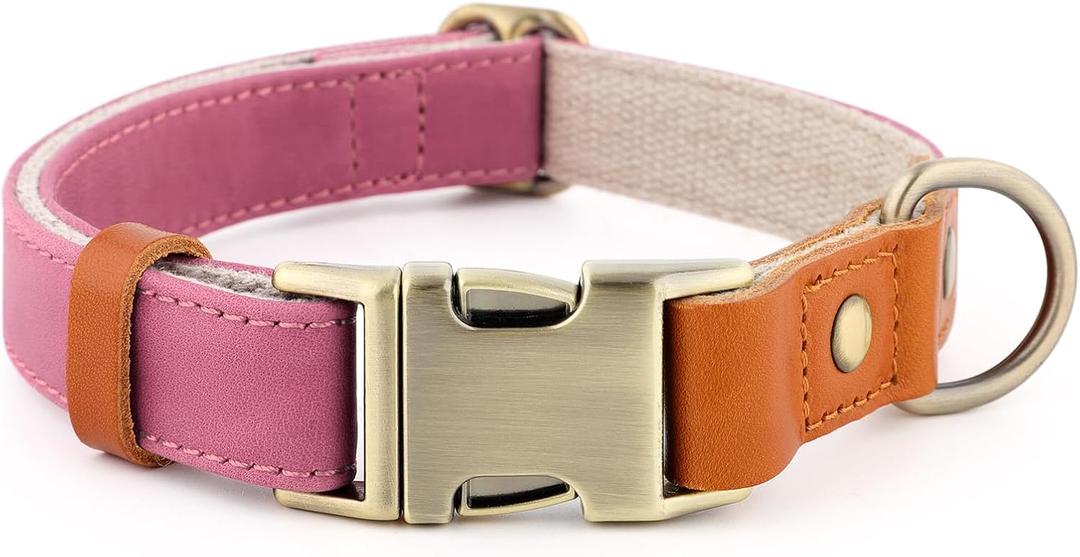 Plutus Pet Genuine Leather & Hemp Dog Collar  Adjustable Heavy Duty Pet Collar with Quick Release Metal Buckle, Soft & Stylish for Puppy and Small, Medium, Large Dogs (Pink, L)