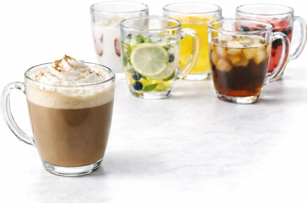 B Unique Clear Glass Coffee Mugs Set of 6, 12.6 oz  Heat Resistant & Lead-Free Drinking Glasses for Hot & Cold Drinks  Tea, Coffee, Latte, Juice, Milk  Dishwasher Safe