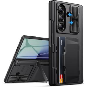 for Samsung Galaxy Z Fold 7 Case with Card Holder, Built-in & Stand & Screen Protector & Hinge Protection & Slide Camera Cover, Rugged Wallet Protective Phone Cover for Z Fold 7 2025, Black