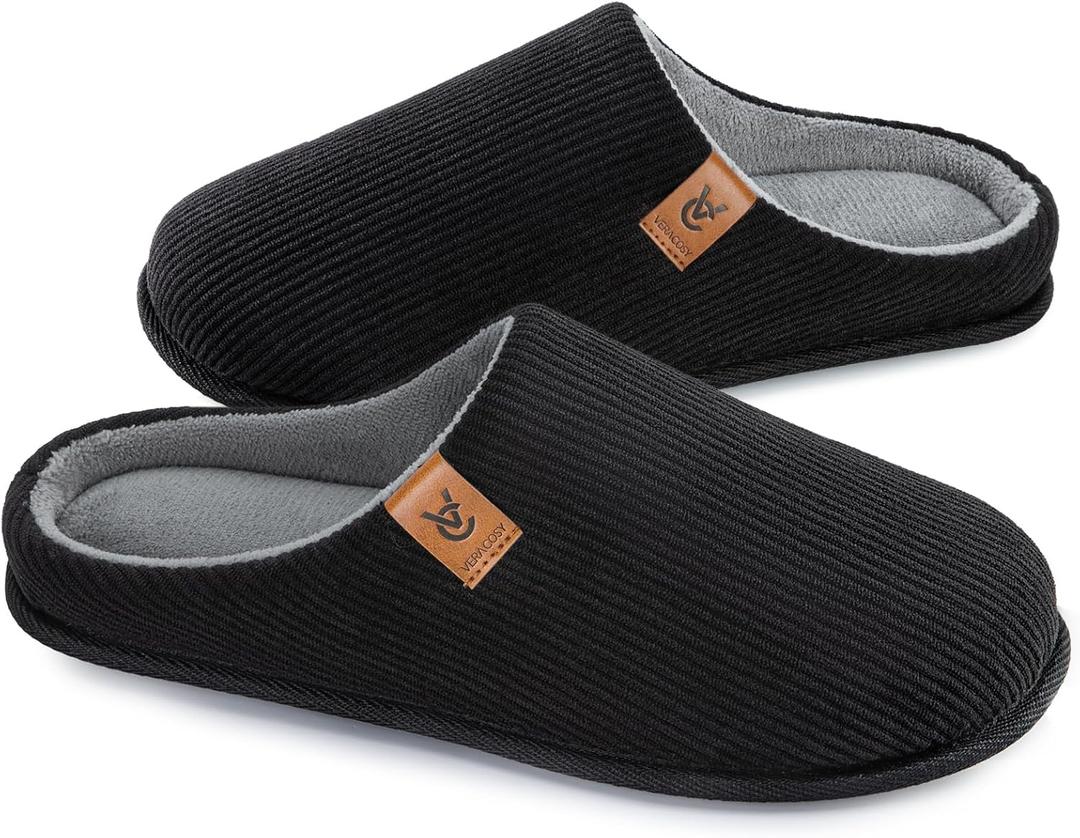 VeraCosy Men's Cozy Slip-on Slippers Corduroy Memory Foam Indoor House Shoes (11-12, Dark Black)